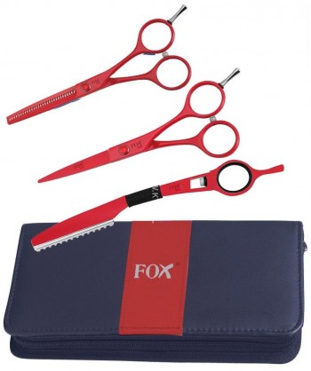 Fox Red zestaw do strzyżenia nożyczki + degażówki + brzytwa w etui